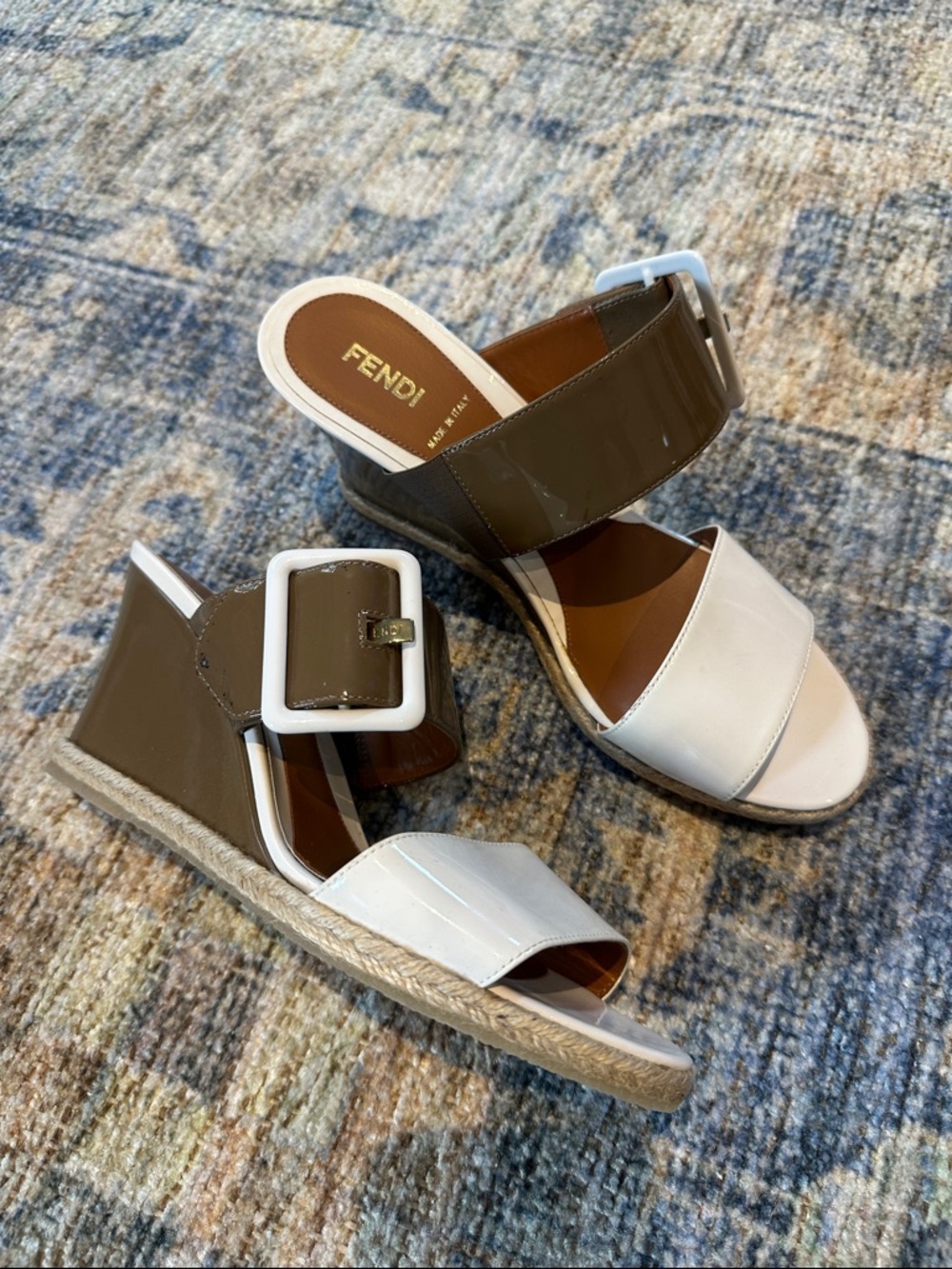 Fendi White and Brown Patent Leather Espadrille Wedge Sandals